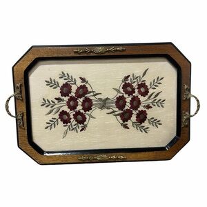 Vintage Serving Tray Embroidered Insert Floral Vanity Brass Handles vanity
